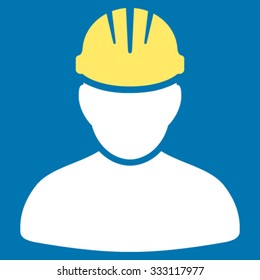 Worker Person vector icon. Style is bicolor flat symbol, yellow and white colors, rounded angles, blue background.