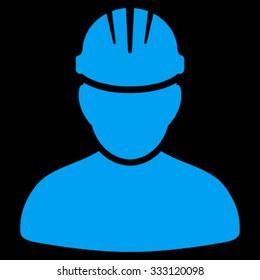 Worker Person vector icon. Style is flat symbol, blue color, rounded angles, black background.