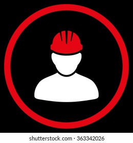 Worker Person vector icon. Style is bicolor flat circled symbol, red and white colors, rounded angles, black background.