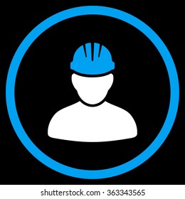 Worker Person vector icon. Style is bicolor flat circled symbol, blue and white colors, rounded angles, black background.