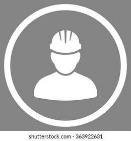 Worker Person vector icon. Style is flat circled symbol, white color, rounded angles, gray background.