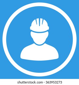 Worker Person vector icon. Style is flat circled symbol, white color, rounded angles, blue background.
