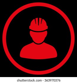 Worker Person vector icon. Style is flat circled symbol, red color, rounded angles, black background.