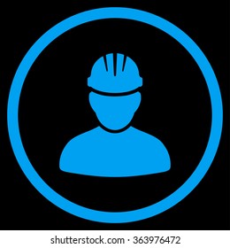 Worker Person vector icon. Style is flat circled symbol, blue color, rounded angles, black background.
