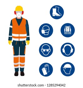 Worker with Personal Protective Equipment and Safety Mandatory Icons