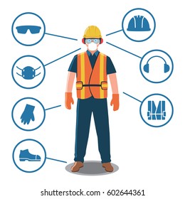 Worker with Personal Protective Equipment and Safety Icons - Shutterstock ID 602644361