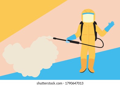 Worker in a personal yellow protective suit sprays disinfectant design.