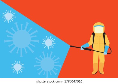 Worker in a personal yellow protective suit sprays disinfectant design.