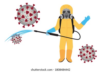 Trabajador con traje protector amarillo personal roce el diseño desinfectante.