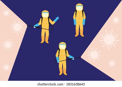 Trabajador con traje protector amarillo personal roce el diseño desinfectante.