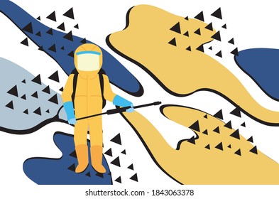 Worker in a personal yellow protective suit sprays disinfectant design.