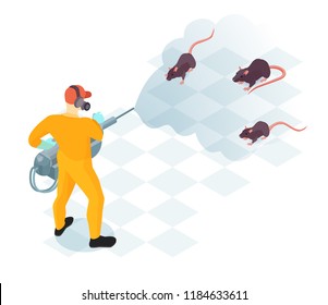 Worker of pest control service with professional equipment during domestic disinfection from rodents isometric vector illustration