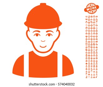 Worker pictograph with bonus men design elements. Vector illustration style is flat iconic orange symbols on white background.