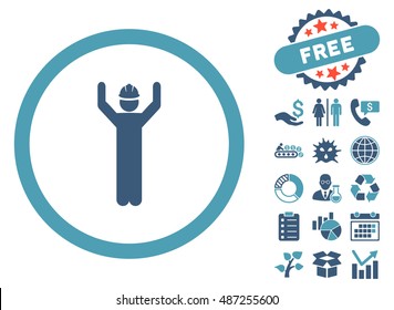 Worker pictograph with free bonus pictogram. Vector illustration style is flat iconic bicolor symbols, cyan and blue colors, white background.