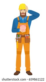 Worker with piggy bank grabbed his head. Full length portrait of worker character in a flat style. Vector illustration.