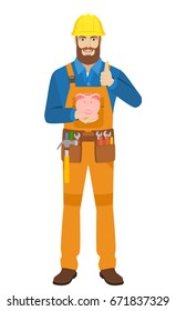 Worker with piggy bank showing thumb up. Full length portrait of worker character in a flat style. Vector illustration.