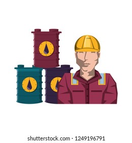 worker with pile barrels of gasoline