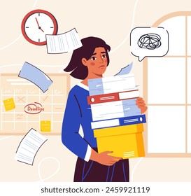 Worker with pile of papers. Woman with cardboard box with documents. Overworked girl. Poor time management and inefficient work flow. Cartoon flat vector illustration isolated on white background