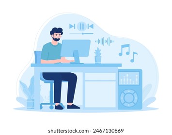 A worker plays music on a computer trending concept flat illustration