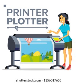Worker With Plotter Vector. Woman. Prints Beautiful Picture, Banner. Print Service. Isolated Flat Cartoon Illustration

