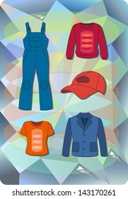 Worker, plumber man, woman colored fashion set isolated on abstract faceted background Created in Adobe Illustrator. Image contains gradients and transparencies. EPS 10. 