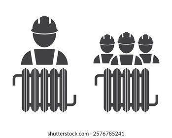 Worker plumber person teamwork with home heater radiator icon