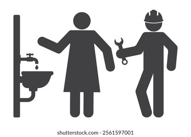 worker plumber repairman with tool repair leak faucet tap and woman housewife icon