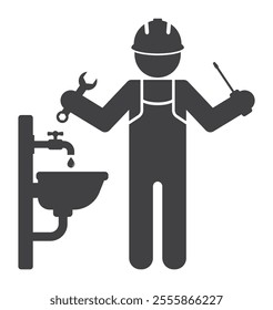 worker plumber repairman with tool repaire leak faucet tap icon