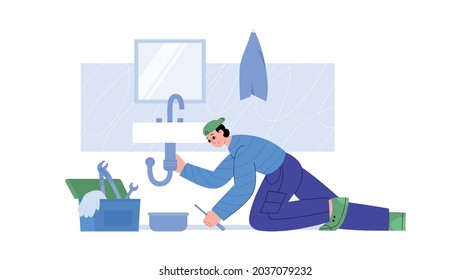 Worker of plumbing service fixing pipe under sink in bathroom. Plumber handyman with wrench repairs tube leak or clog. Flat cartoon vector isolated illustration