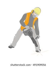 worker with pneumatic hammer drill equipment isolated on white. vector illustration