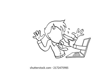 Arbeiter zeigten auf die Waffe vom Bildschirm des Notebooks. Konzept für die Cybersicherheit. Cartoon Vektorgrafik-Design