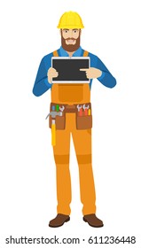 Worker pointing at digital tablet PC. Full length portrait of worker character in a flat style. Vector illustration.
