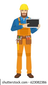 Worker pointing at digital tablet PC. Full length portrait of worker character in a flat style. Vector illustration.