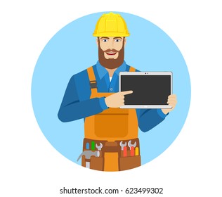 Worker pointing at digital tablet PC. Portrait of worker character in a flat style. Vector illustration.