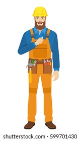 Worker pointing the finger at yourself. Self-promotion. Full length portrait of worker in a flat style. Vector illustration.