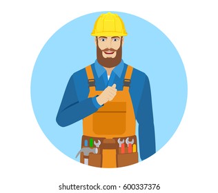 Worker pointing the finger at yourself. Self-promotion. Portrait of worker in a flat style. Vector illustration.