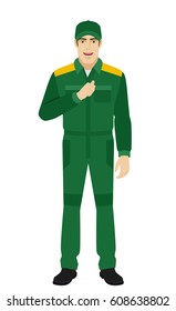 Worker pointing the finger at yourself. Self-promotion. Full length portrait of Delivery man or Worker in a flat style. Vector illustration.