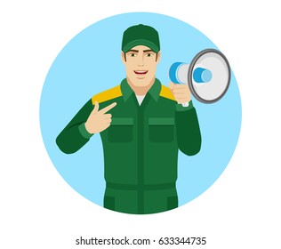 Worker pointing at a loudspeaker. Portrait of Delivery man or Worker in a flat style. Vector illustration.