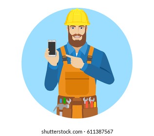 Worker pointing at a mobile phone. Portrait of worker in a flat style. Vector illustration.