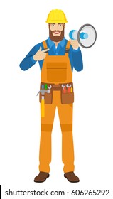 Worker pointing on the loudspeaker. Full length portrait of worker in a flat style. Vector illustration.