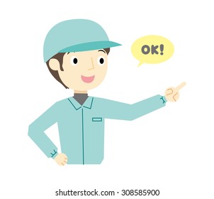 Worker pointing and saying "OK!"