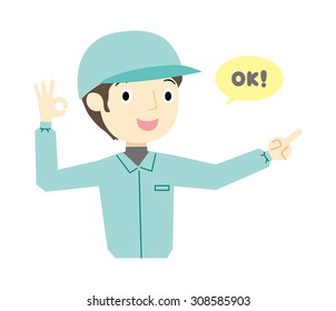 Worker pointing and saying "OK!"