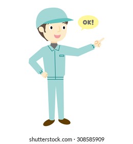 Worker pointing and saying "OK!"