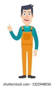 Worker pointing up. Full length portrait of Cartoon Repairman Character. Vector illustration in a flat style.