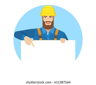 Worker pointing at white blank poster. Portrait of worker in a flat style. Vector illustration.