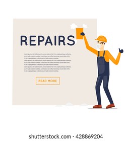 Worker polishing wall. Repair, construction, painting. Character. Flat style vector illustration.