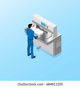 The worker of the polygraphic center carries out duties of the operator of a cutting machine, work in the field of polygraphy and offset