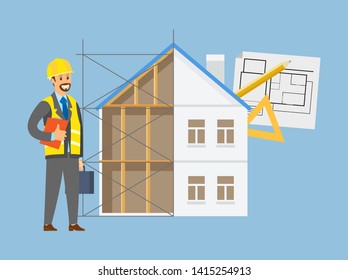 Worker portrait view wearing helmet, contractor character and building house, drawing construction on paper, engineering technology, tools on blue vector