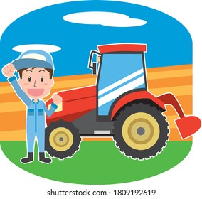 Worker posing in front of a red tractor