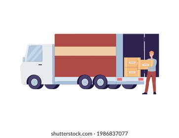 Worker Of Poultry Factory Or Farm Loading Chicken Meat Products Into Van, Flat Vector Illustration Isolated On White Background. Employee Of Poultry At Work.